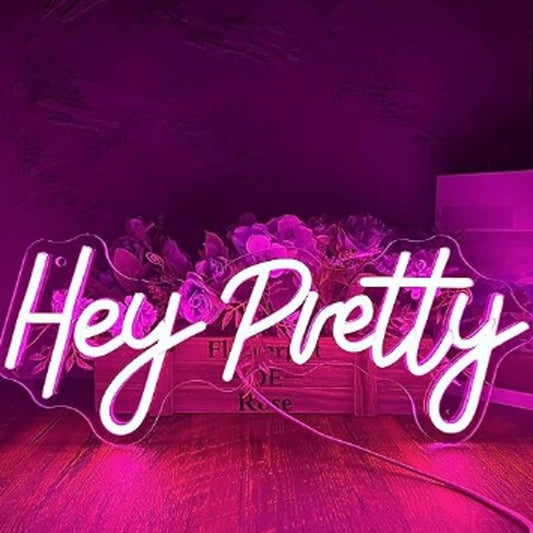Lovely Bright Pink “Hey Pretty” LED Night Light Love Room Wall Decor