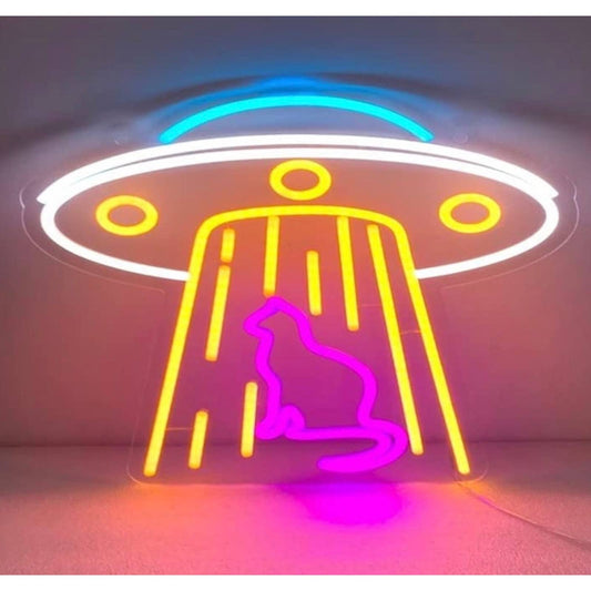 Fun Bright Kitty Cat Abducted by Alien UFO Spaceship LED Night Light Decor