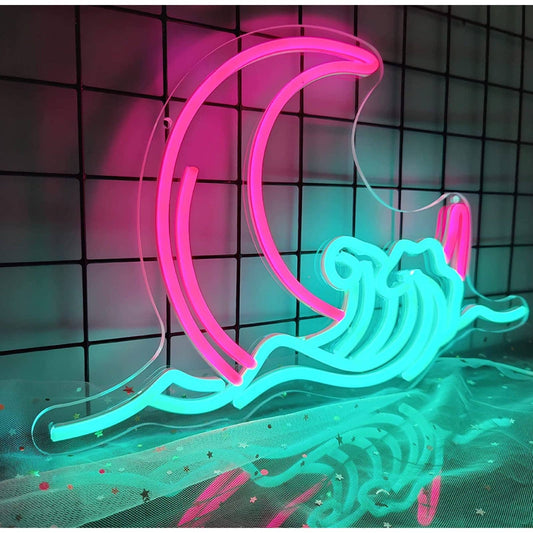 Lovely Bright Pink Crescent Moon in Ocean Waves LED Nigh Light Room Wall Decor