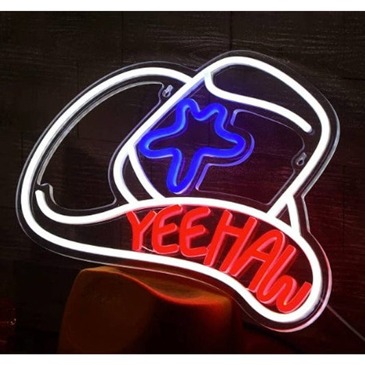 Fun Bright Red White & Blue Yeehaw Cowboy Hat LED Night Light Country Wall Decor