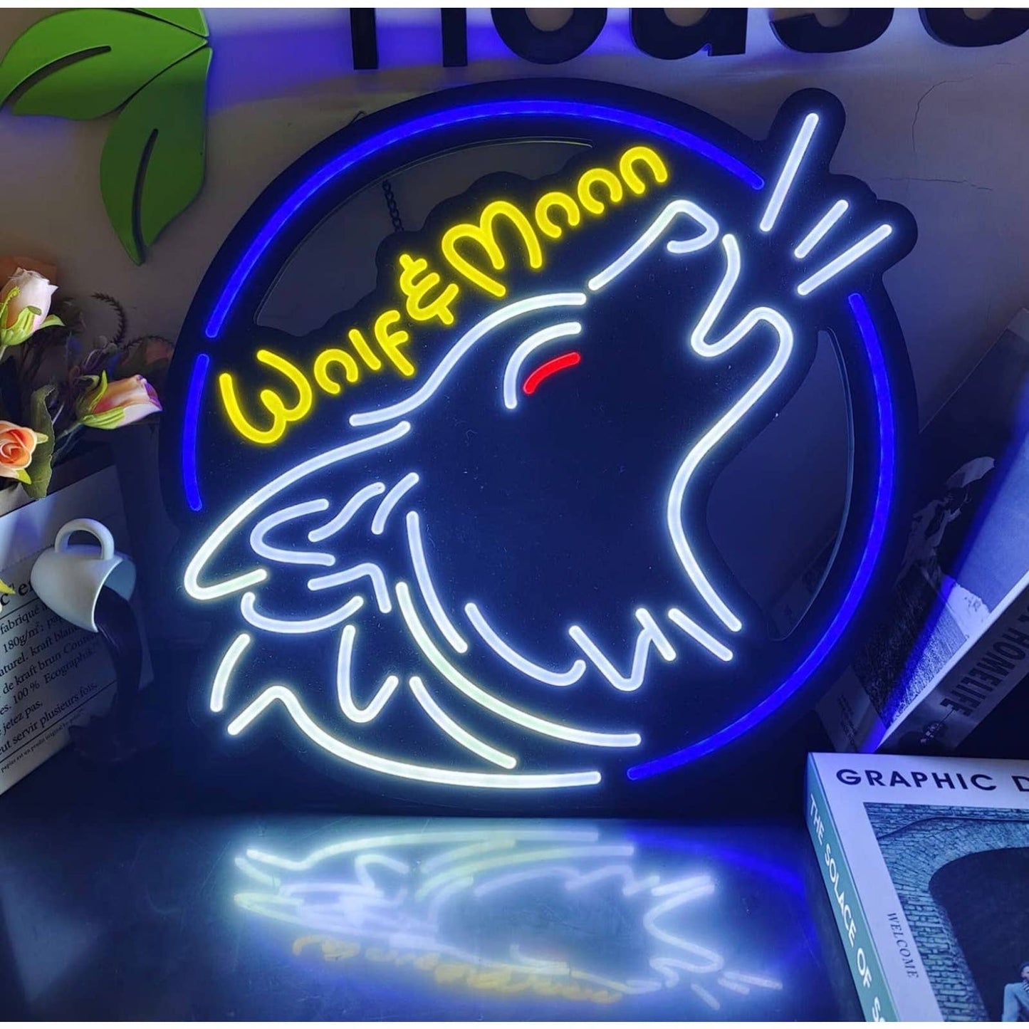 Quality Bright Blue Howling Wolf & Moon LED Night Light Room Wall Decoration