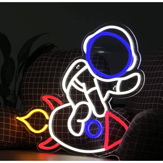 Fun Bright Astronaut Riding a Spaceship Rocket LED Night Light Room Wall Decorat