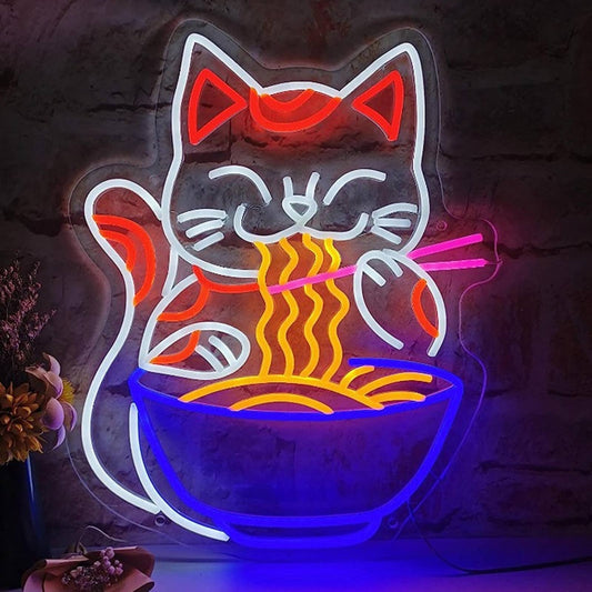 Super Cute Chinese Kitty Cat Eating Ramen Noodles LED Night Light Wall Decor