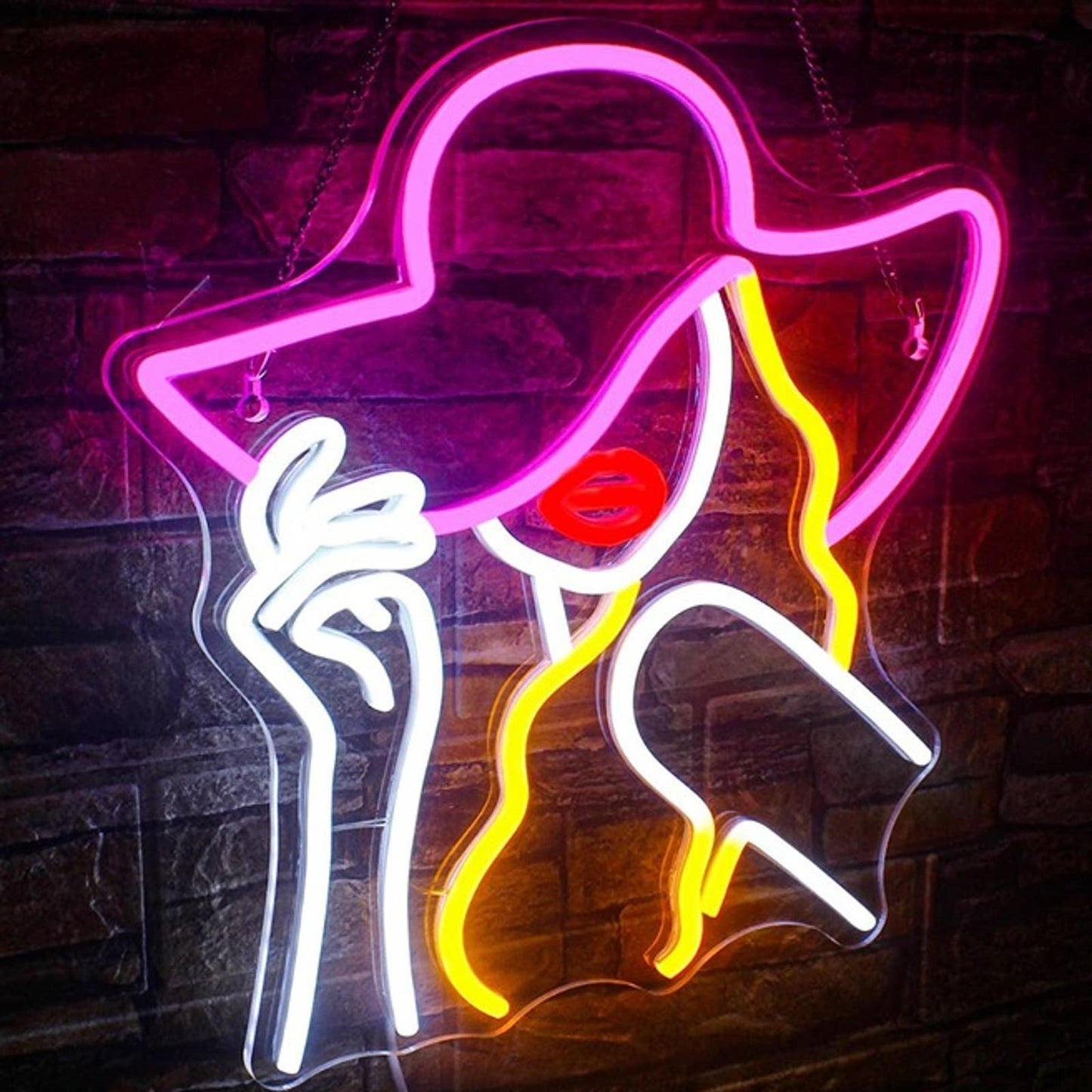 Lovely Vivid Bright Beautiful Women w/ Pink Hat LED Night Light Room Wall Decor