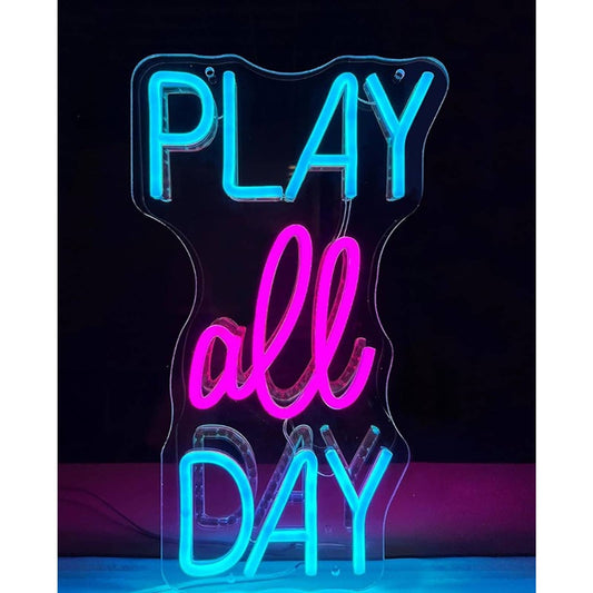 Fun Vivid Bright Pink/Light Blue “Play All Day” LED Night Light Room Wall Decor