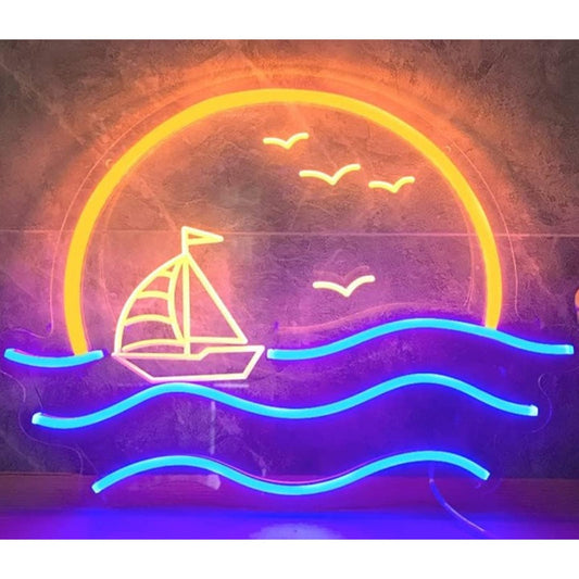 Lovely Bright Pink Little Sail Boat on the Sea w/ Sunset LED NightRoom Wall Deco