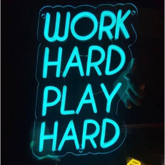 Motivational Bright Blue Work Hard Play Hard LED Night Light Hustle Room Wall De