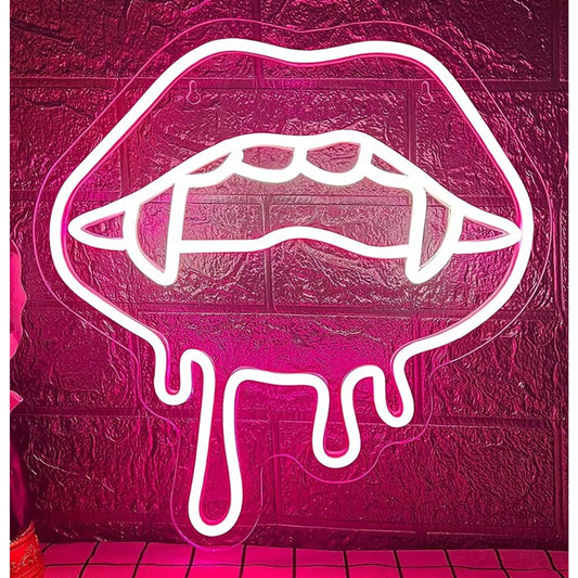 Fun Bright Pink Vampire Girl Teeth LED Night Light Spooky Wall Decor
