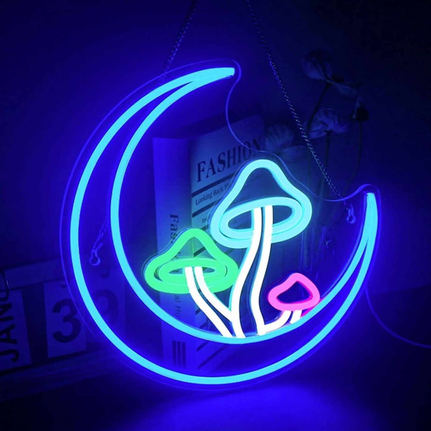 Vivid Bright Blue Crescent Moon Mushroom LED Night Light Room Wall Decoration