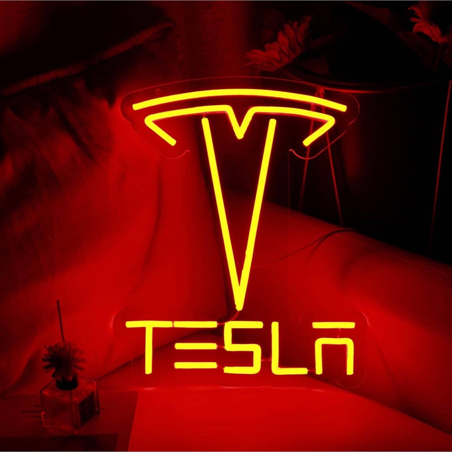 Bright Red Tesla Logo Electric Car SUV LED Night Light Room Wall Garage Decor