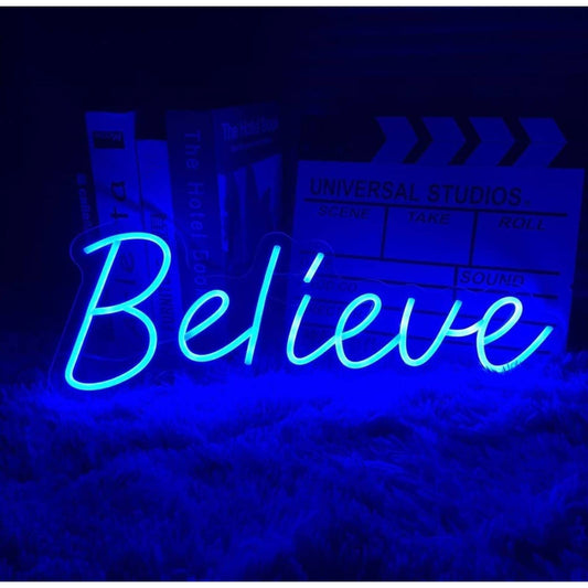 Large Bright Blue “Believe” LED Night Light Wall Room Motivation Decoration