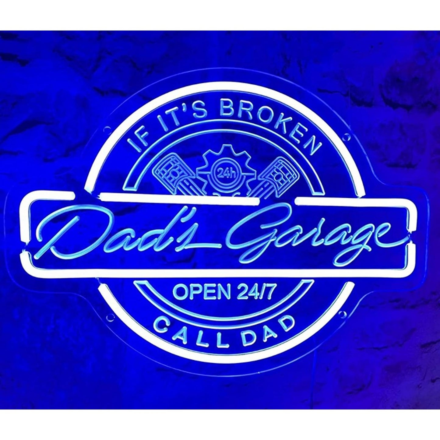 Vivid Bright Blue/White Dad’s Garage Wrench LED Night Light Sign Decor