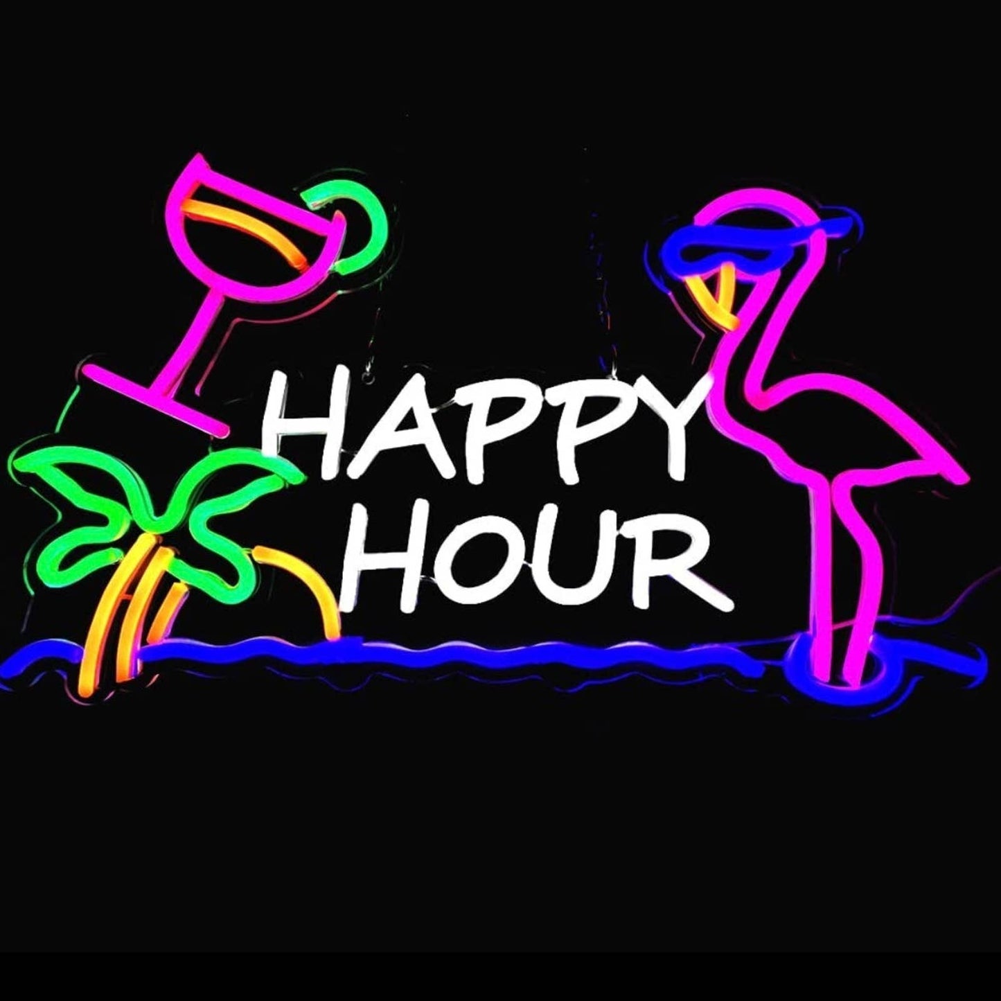 Fun Bright Color Happy Hour Pink Flamingo Sunglasses Palm Tree LED Bar Light Dec