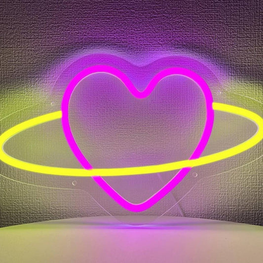 Lovely Vivid Bright Pink Heart Planet LED Night Light Room Wall Love Decor