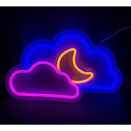 Lovely Bright Blue Cloud Pink Cloud Yellow Moon LED Night Light Room Wall Decora