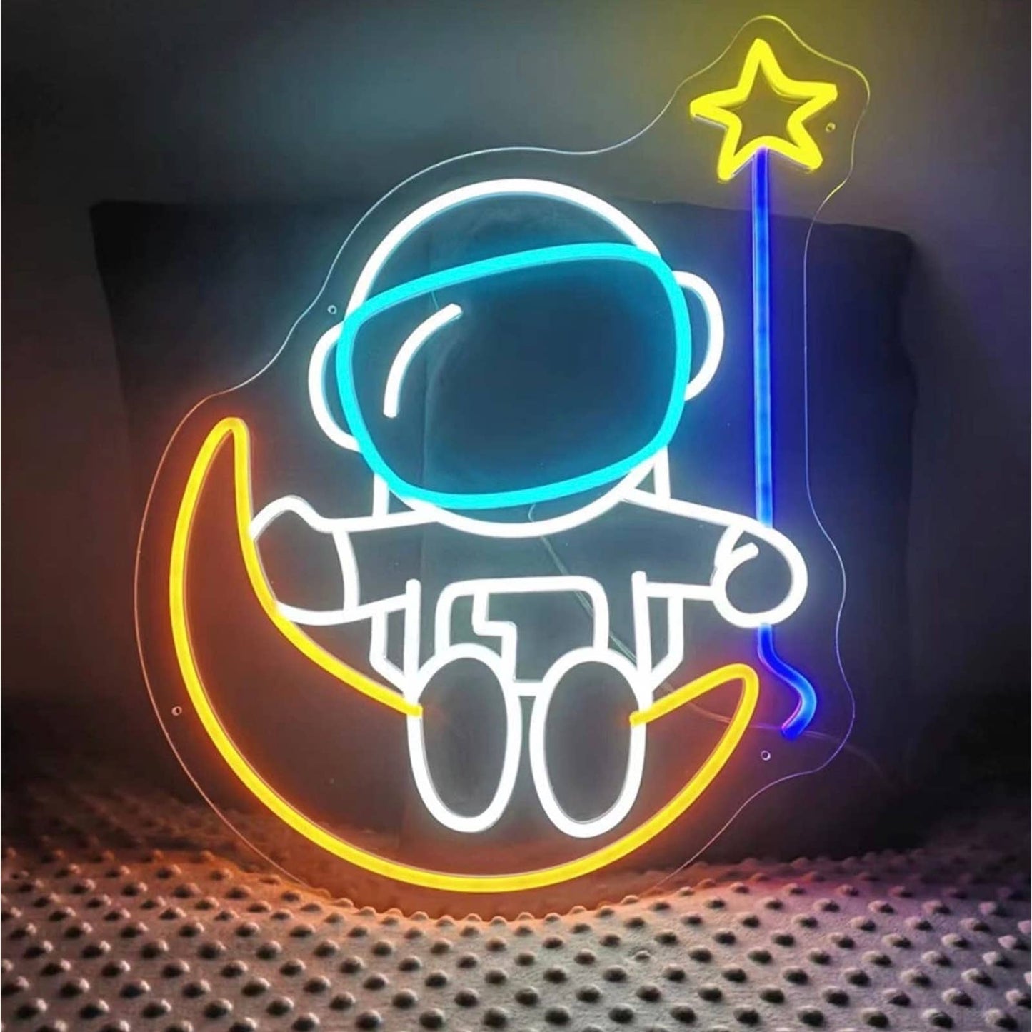 Cute Baby Astronaut Sitting on Moon With Star Balloon LED Night Light Room Wall