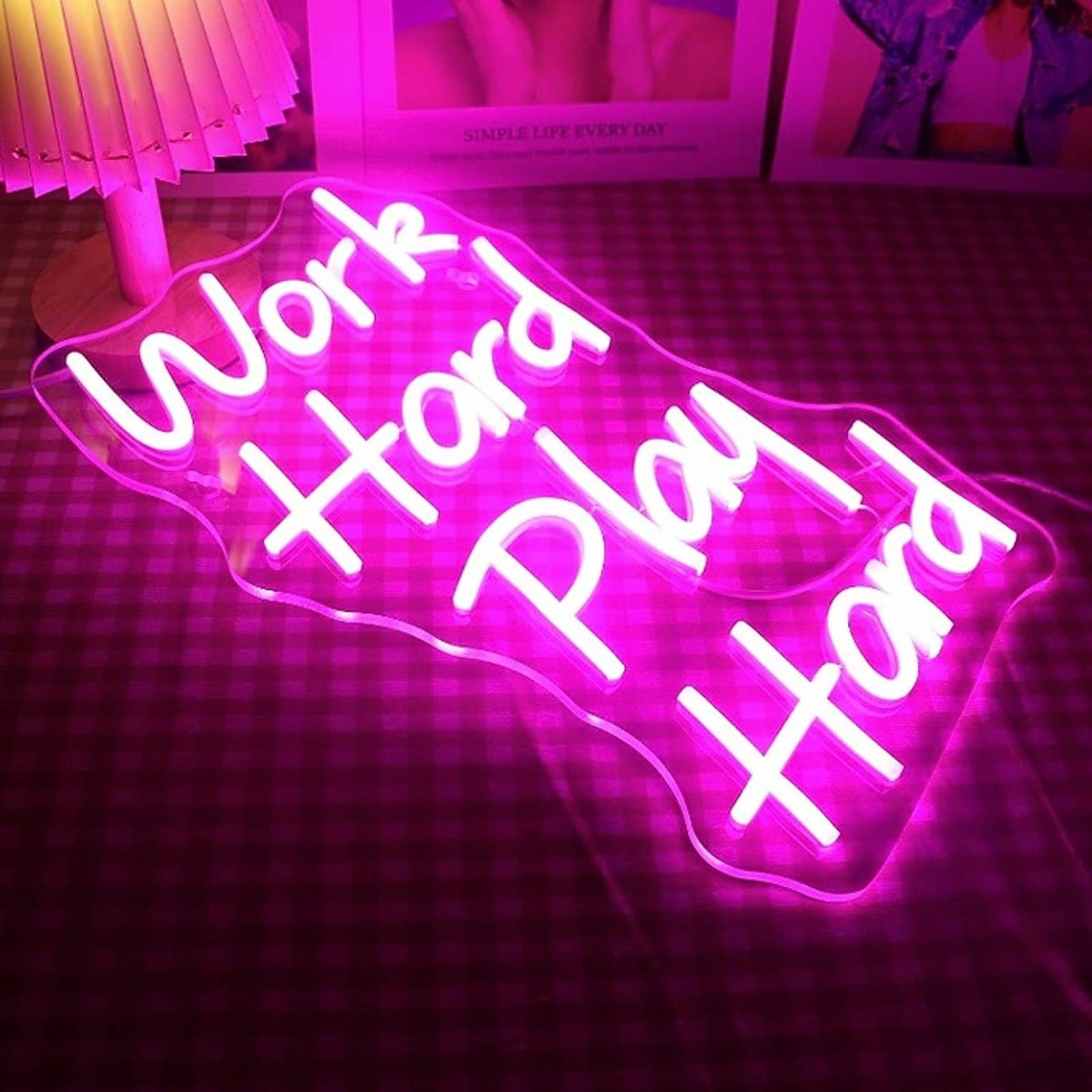 Lovely Vivid Bright Pink “Work Hard Play Hard” LED Night Light Room Wall Decor