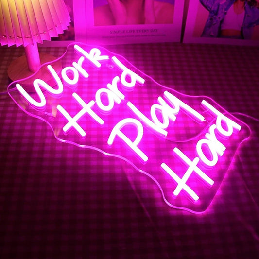Lovely Vivid Bright Pink “Work Hard Play Hard” LED Night Light Room Wall Decor