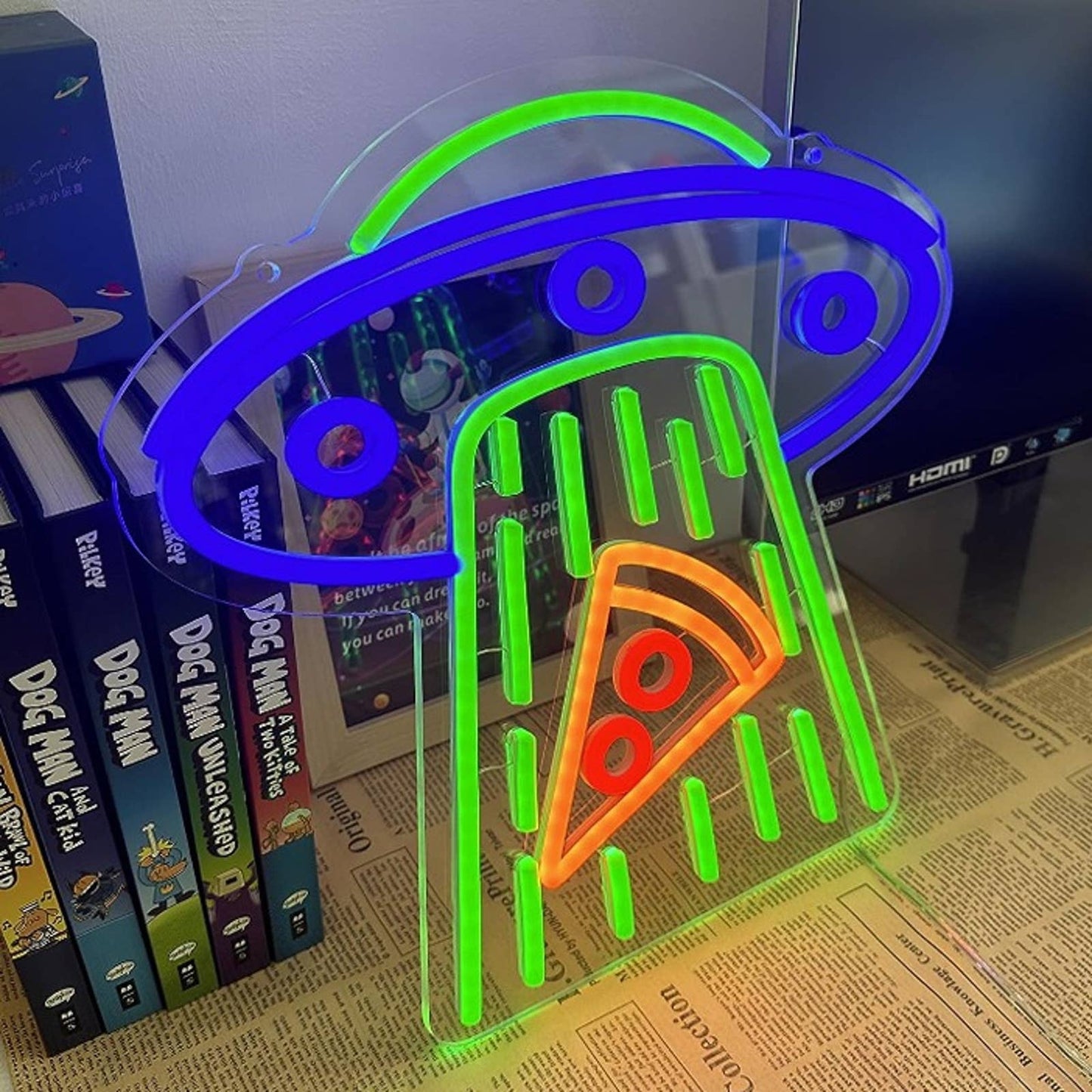 Fun Bright Blue UFO Space Saucer Abducting Pizza Slice Green Ray LED Night Light