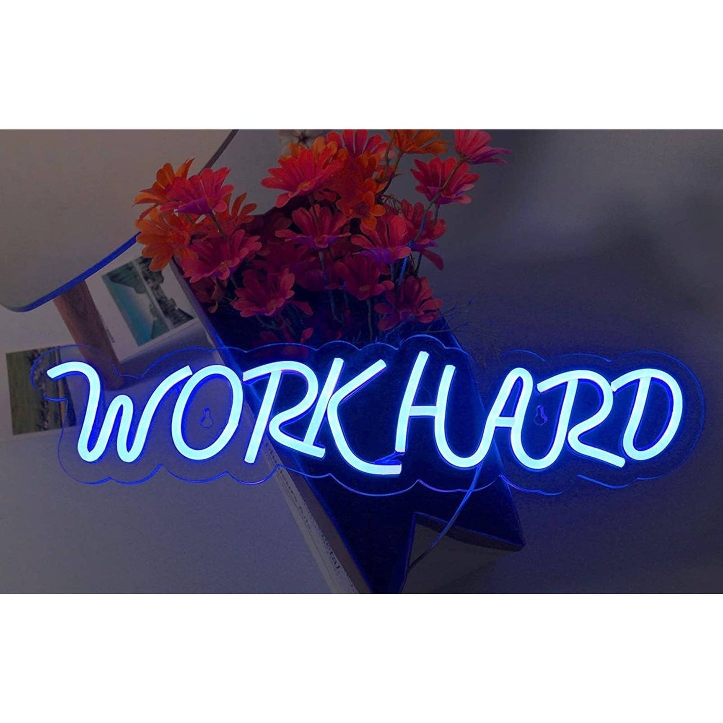 Bright Blue “Work Hard” LED Light Deco
