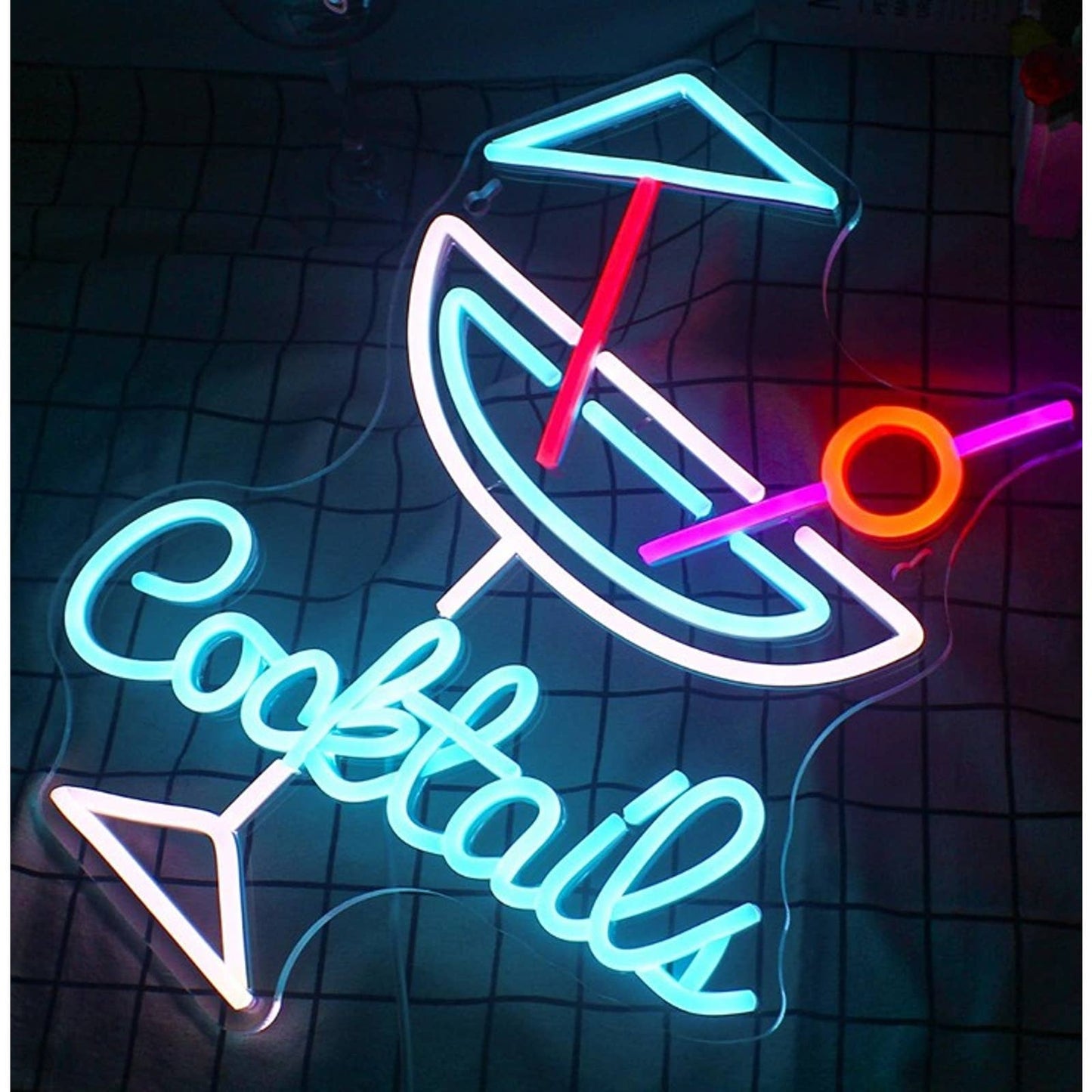 Cool Bright Blue Cocktail w/ Umbrella LED Night Light Bar Party Wall Decor