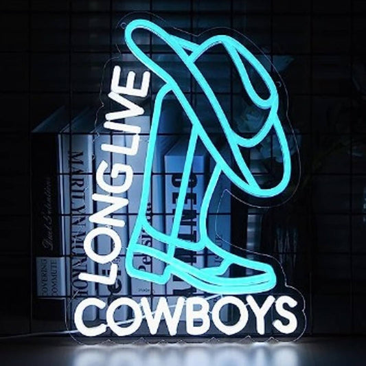 Fun Vivid Bright Blue Long Live Cowboys Boot & Hat LED Night Light Country Sign