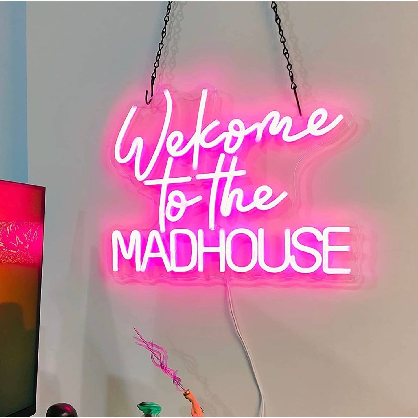 Fun Bright Pink “Welcome to the Madhouse” LED Night Light Room Wall Decoration