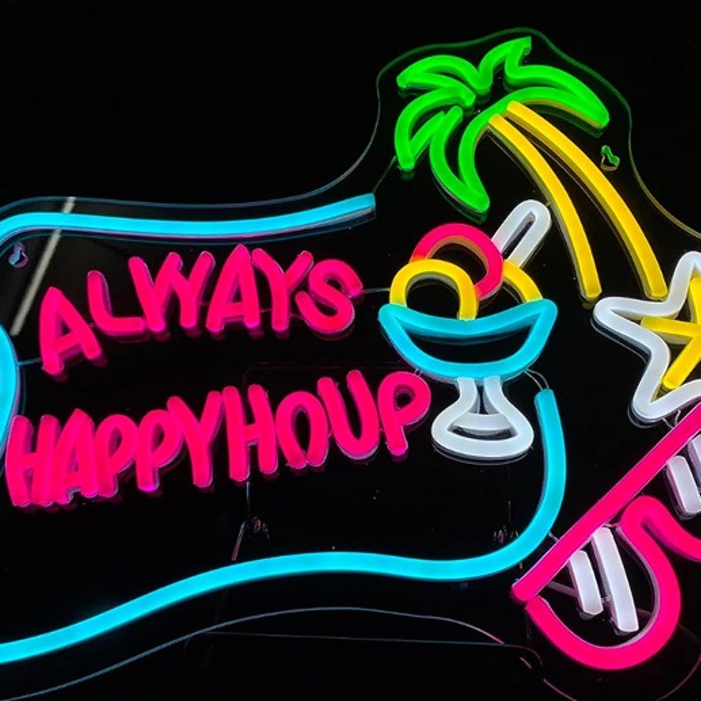 Colorful Fun Bright “Always Happy Hour” Drink Palm Star Sunglasses LED Light