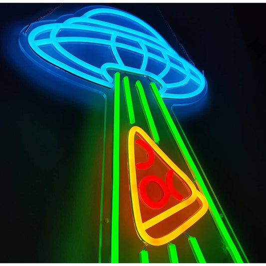 Fun Bright Alien Spaceship UFO Abducting Pizza Slice LED Night Light Room Decor