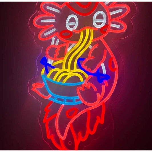Cute Bright Pink Salamander Eating Ramen Noodles LED Night Light Room Wall Decor