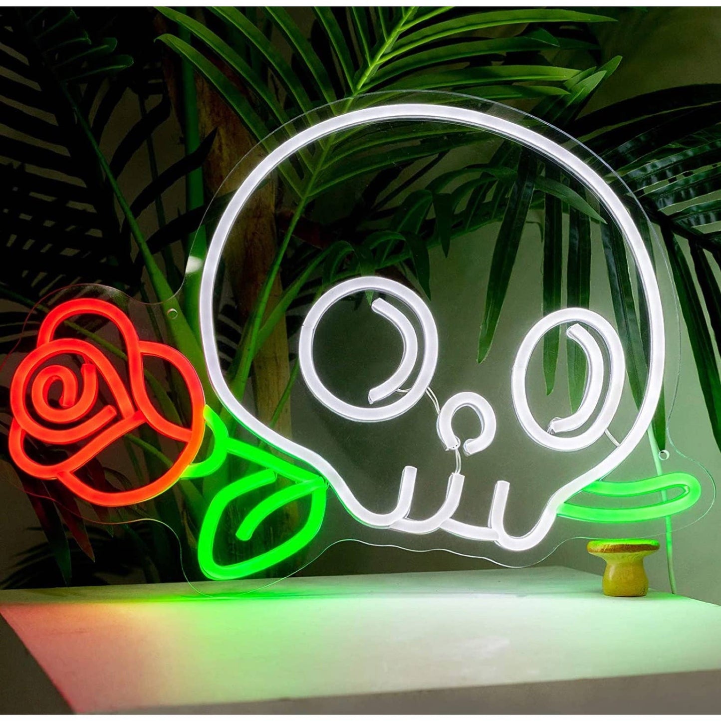 Cute Bright Skull Head with Red Rose LED Night Light Room Wall Decoration