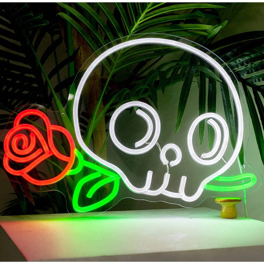 Cute Bright Skull Head with Red Rose LED Night Light Room Wall Decoration