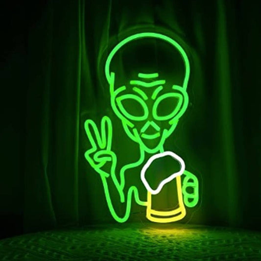 Fun Bright Green Big Headed Beer Drinking Alien LED Night Light Bar Decor