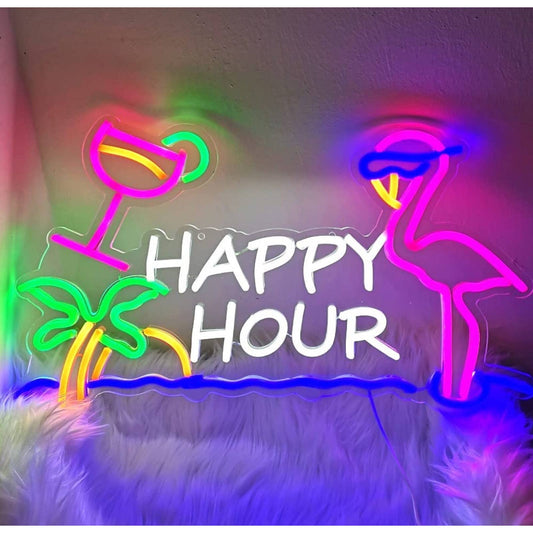 Fun Bright Color Happy Hour Pink Flamingo Sunglasses Palm Tree LED Bar Light Dec