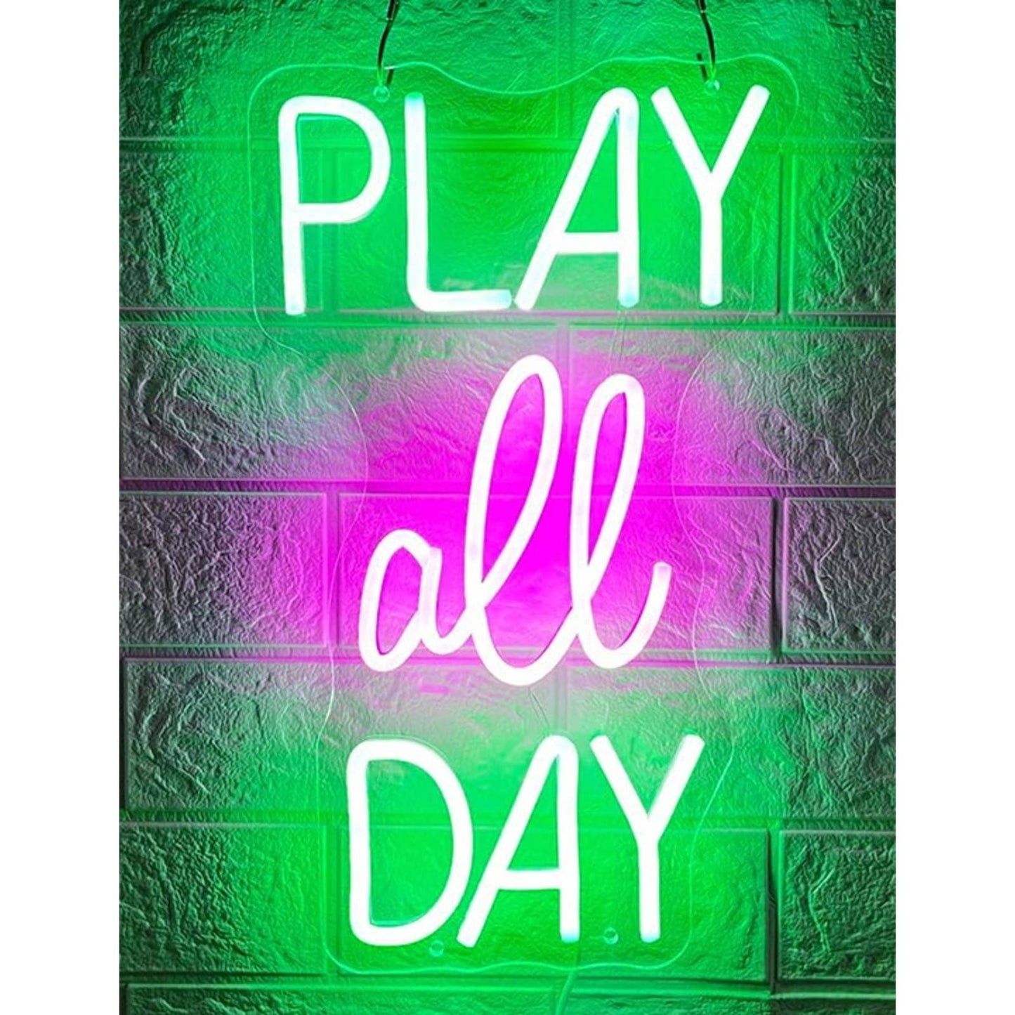 Fun Vivid Bright Pink/Green “Play All Day” LED Night Light Room Wall Decor