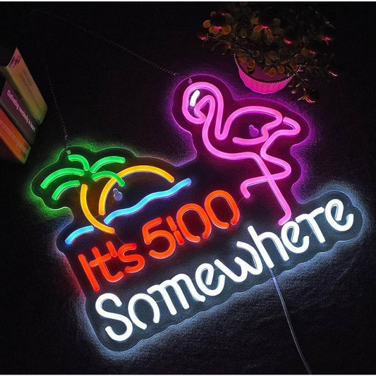Vivid Colorful Tropical Palm Tree Flamingo Beach Sunset LED Light Bar Party Deco