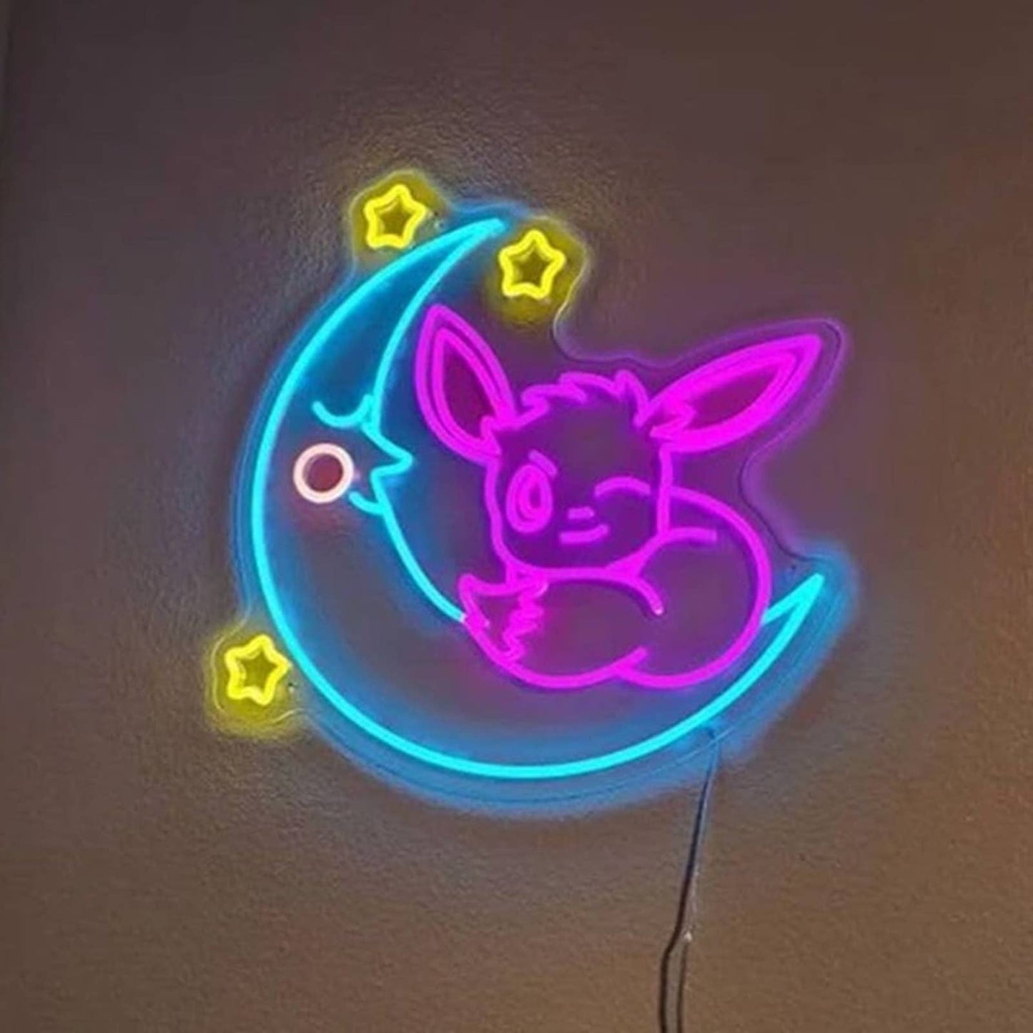 Super Cute Pink Winking Eevee on Crescent Moon LED Night Light Room Wall Decor