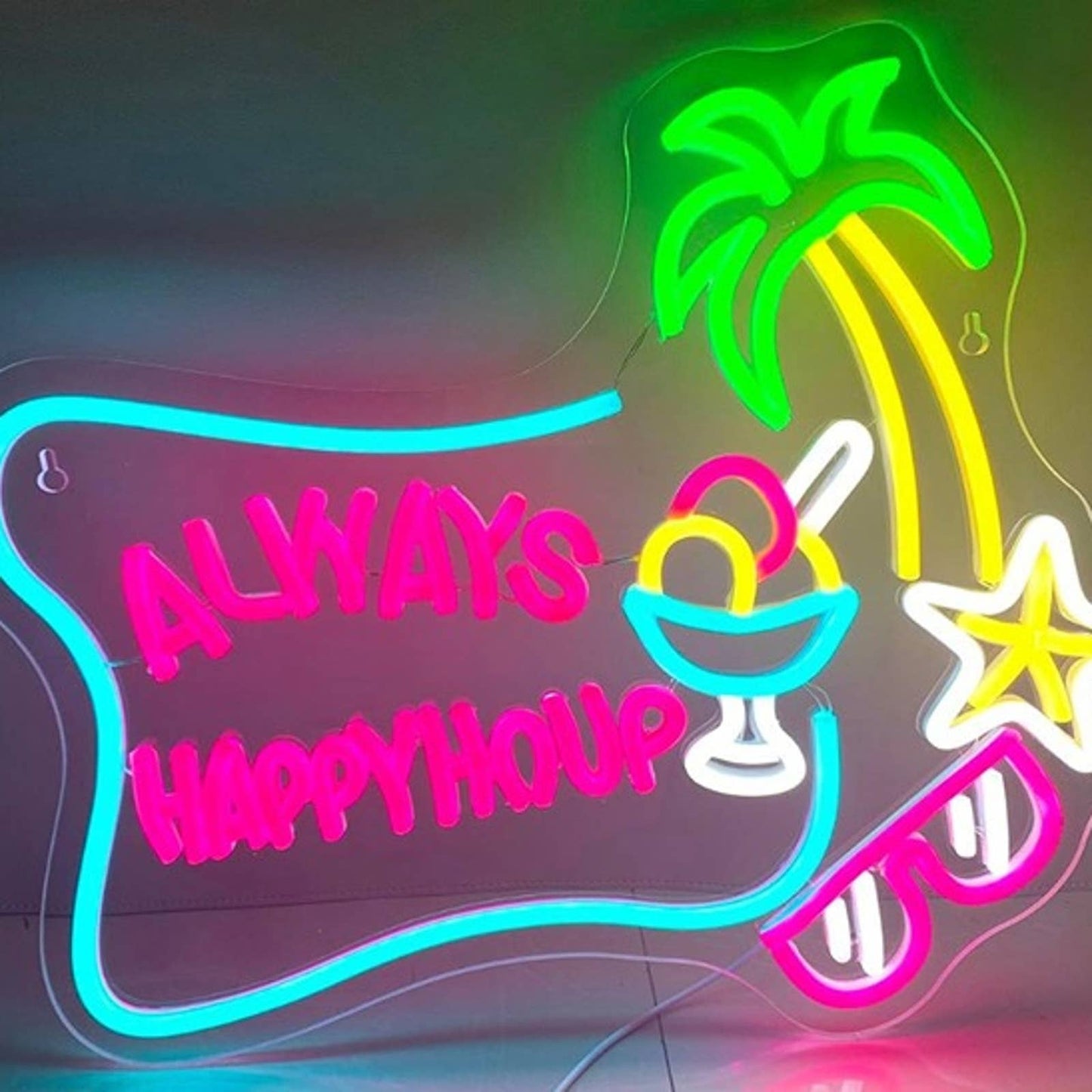 Colorful Fun Bright “Always Happy Hour” Drink Palm Star Sunglasses LED Light