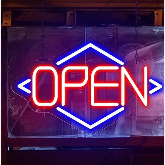 Vivid Bright Red / Blue Diamond OPEN LED Light Business Store Sign