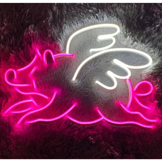 Lovely Bright Pink Flying Angel Pig LED Night Light Room Wall Decoration