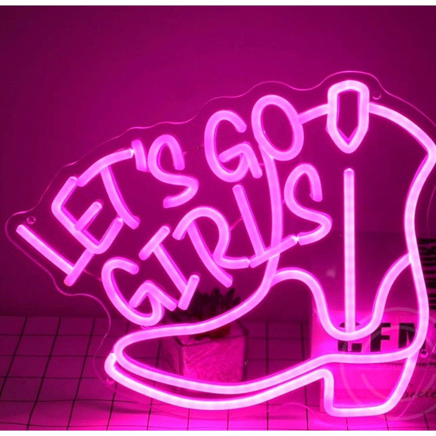 Fun Vivid Bright Pink “Let’s Go Girls” Cowgirl Boot LED Night Light Wall Decor