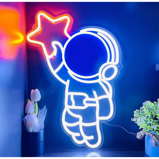 Fun Bright Cute Baby Astronaut Catching Shooting Star LED Night Light Wall Decor