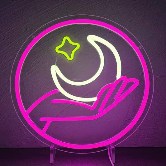 Lovely Bright Pink Moon & Star in Hand LED Night Light Room Wall Decoration
