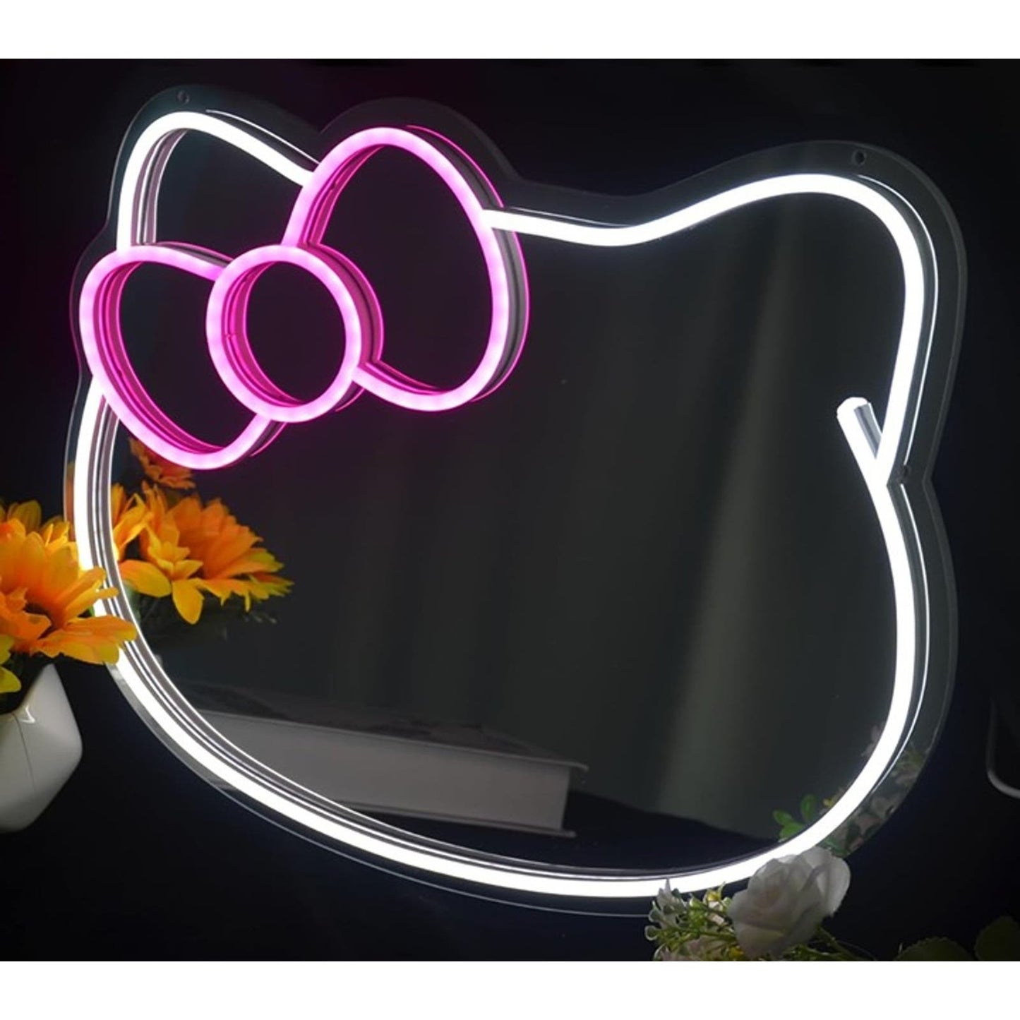 Lovely Bright Pink Bow Hello Kitty Mirror LED Night Light Room Wall Decor