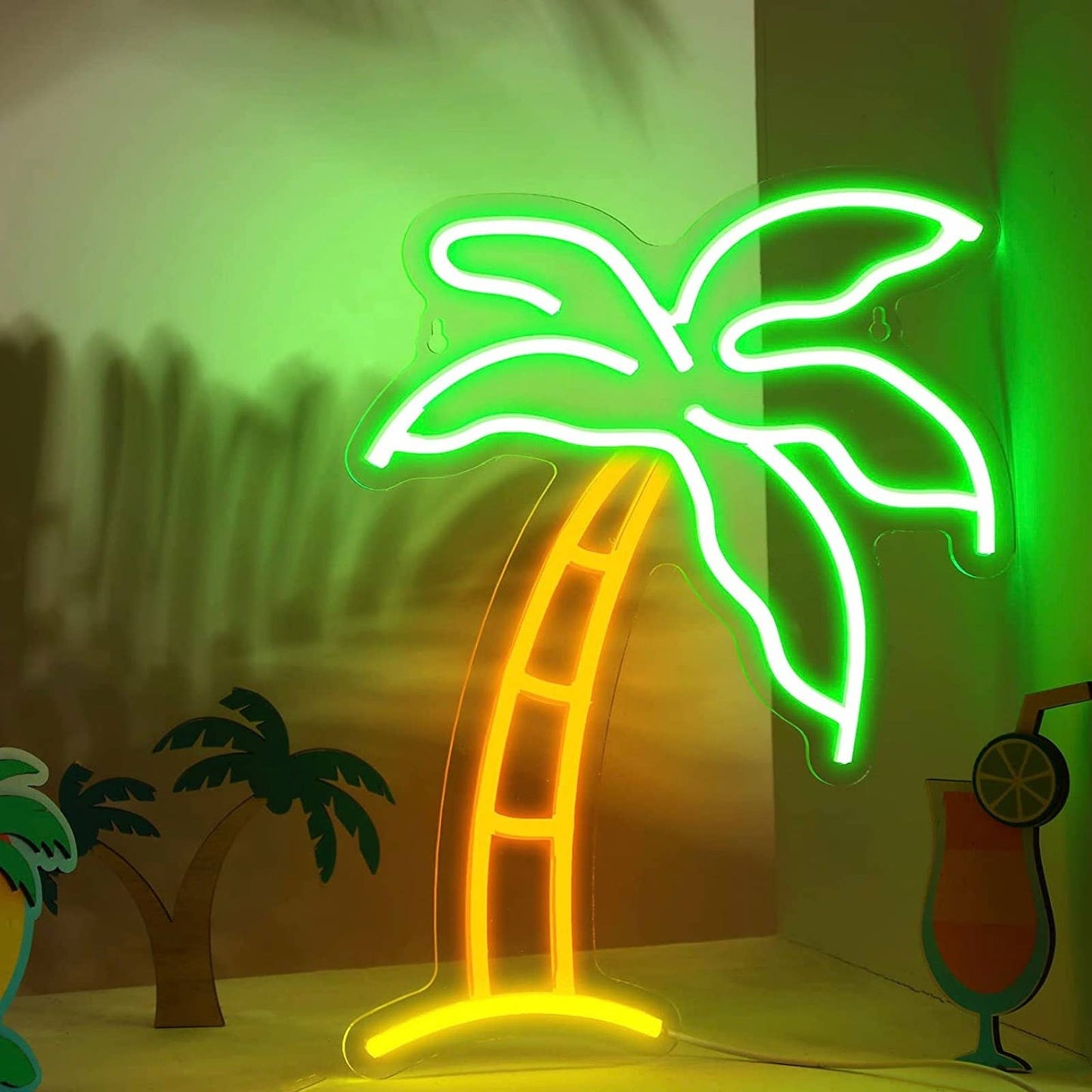 Tropical Bright Green Island Palm Tree LED Night Light Room Wall Decoration