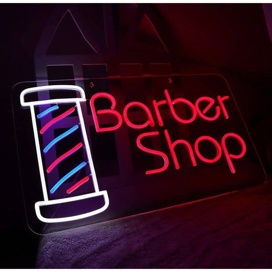 Large Bright Red White Blue Barber Shop LED Business Salon Light Room Wall Decor