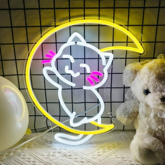 Lovely Bright Adorable Baby Kitty Cat Hugging Moon LED Night Light Room Decor