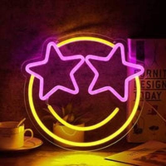 Lovely Bright Pink Star Eye Smiley Face LED Night Light Room Wall Decoration