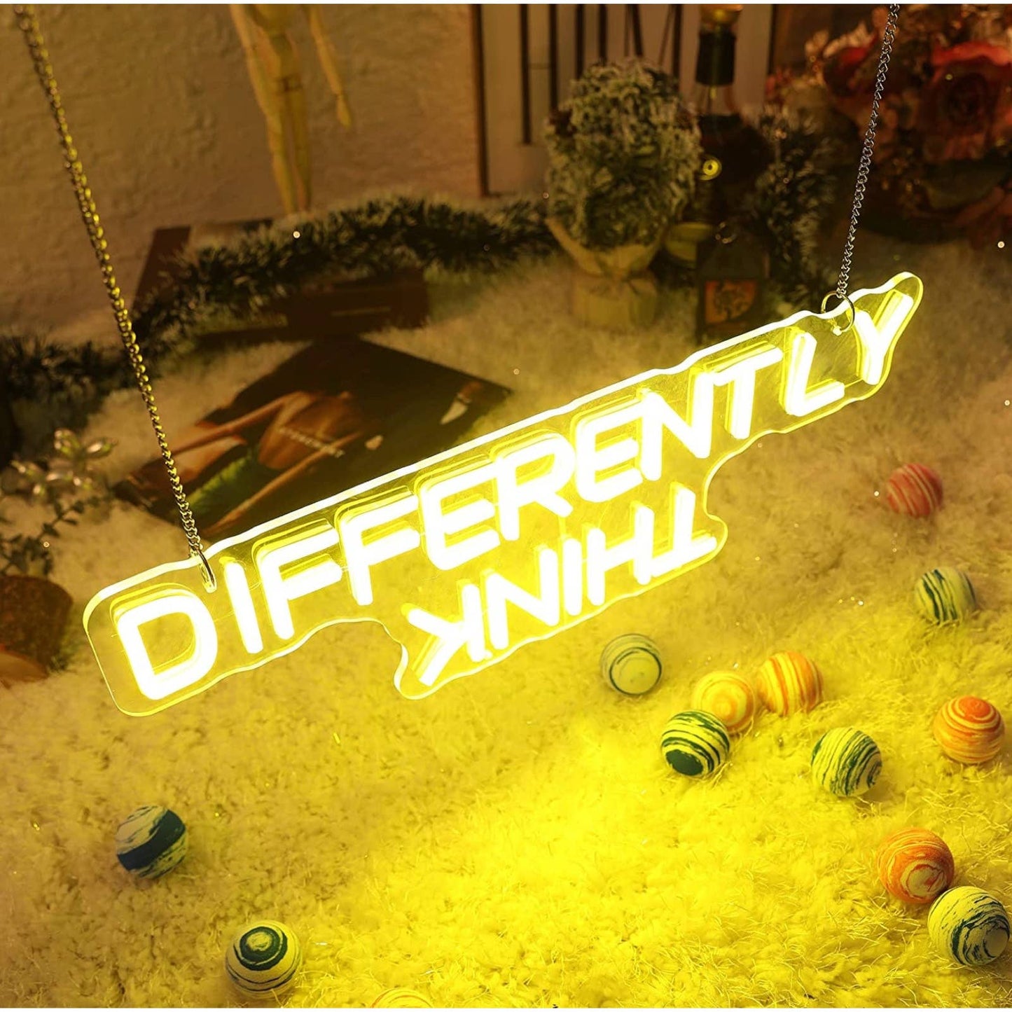 Bright Yellow “Think Differently” LED Hanging Night Light Room Wall Decoration