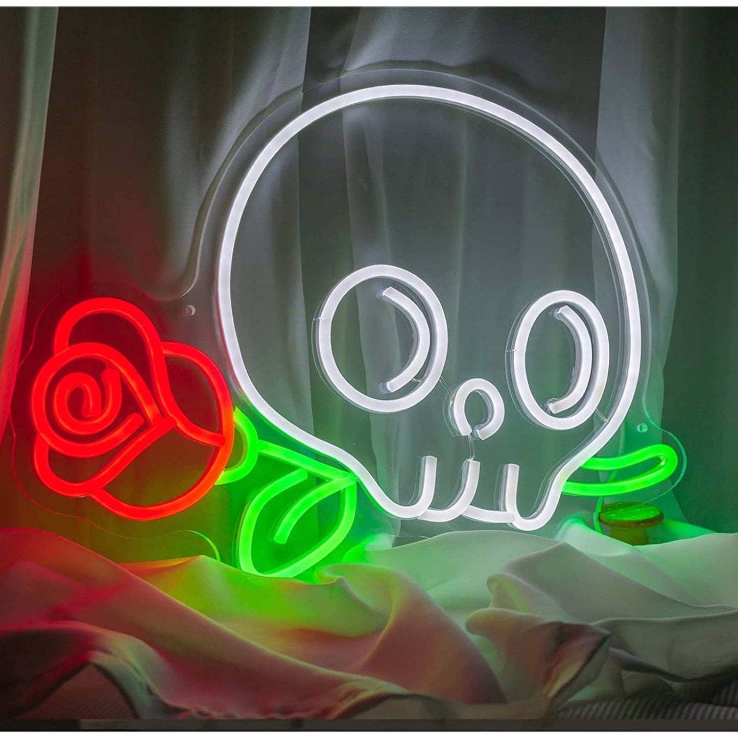 Cute Bright Skull Head with Red Rose LED Night Light Room Wall Decoration